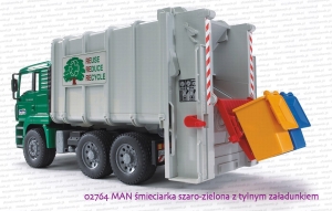 02764 BRUDER MAN TGA śmieciarka szaro-zielona z tylnym załadunkiem