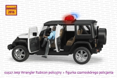 Bruder 02527 Jeep Wrangler Rubicon policyjny z otwartymi drzwiami+ figurka czarnoskórego policjanta