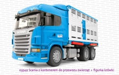 03549 BRUDER Scania R z kontenerem do przewozu zwierząt + figurka krowy/byka