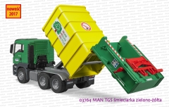 03764 BRUDER MAN TGS śmieciarka zielono-żółta z tylnym załadunkiem z otwartą i przechyloną skrzynią