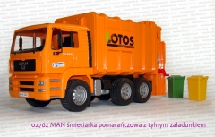 Bruder 02762 MAN śmieciarka pomarańczowa z tylnym załadunkiem + 2 kosze na śmieci