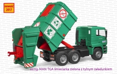 02753 BRUDER MAN TGA śmieciarka zielona z tylnym załadunkiem - podczas opróżniania skrzyni