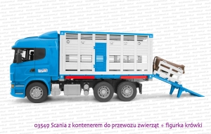 03549 BRUDER Scania R z kontenerem do przewozu zwierząt i figurką krowy