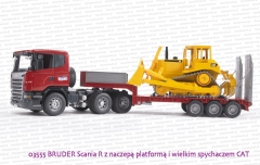 03555 BRUDER Scania R z naczepą platformą i wielkim spychaczem CAT