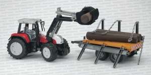 Bruder 02088 Ciągnik rolniczy Steyr CVT 170 z ładowarką czołową i przyczepą do przewozu drewna