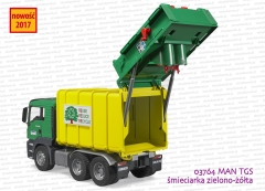 03764 BRUDER MAN TGS śmieciarka zielono-żółta z tylnym załadunkiem z otwartą skrzynią