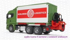 Bruder 03580 Scania R kontener z wózkiem widłowym i dwiema paletami - wózek widłowy podwieszony, gotowy do drogi