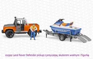 02599 BRUDER Land Rover pickup z przyczepą, skuterem wodym i figurką