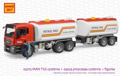 03775 BRUDER MAN cysterna z podczepioną przyczepą cysterną 03925 oraz figurka robotnika z zestawu 62100. Ciężarówka i figurka do kupienia osobno.