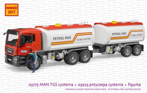 03775 BRUDER MAN cysterna z podczepioną przyczepą cysterną 03925 oraz figurka robotnika z zestawu 62100. Ciężarówka i figurka do kupienia osobno.