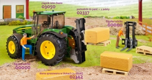 Galeria: 03050 ciągnik rolniczy John Deere z założonym 02337 podnośnikiem do palet oraz figurki ludzików i 02343 bele słomy 