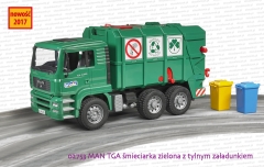 02753 BRUDER MAN TGA śmieciarka zielona z tylnym załadunkiem