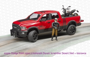 02502 BRUDER Dodge RAM 2500 z motorem Ducati i figurką kierowcy - wzór malowania motocykla sprzed roku 2022