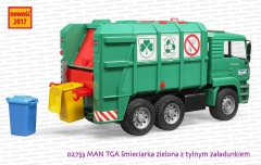 02753 BRUDER MAN TGA śmieciarka zielona z tylnym załadunkiem - podczas załadunku kosza