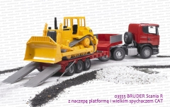 03555 BRUDER Scania R z naczepą platformą i wielkim spychaczem CAT