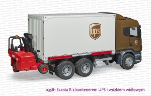 03581 BRUDER Scania R z kontenerem UPS i wózkiem widłowym podwieszonym pod kontener