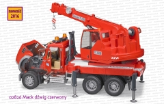 Bruder 02826 MACK dźwig czerwony - wysunięte ramię i podpory oraz otwarta maska od silnika