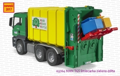 03764 BRUDER MAN TGS śmieciarka zielono-żółta z tylnym załadunkiem - pojemniki przechylone