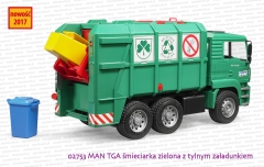 02753 BRUDER MAN TGA śmieciarka zielona z tylnym załadunkiem - podczas wyładunku śmieci z kosza