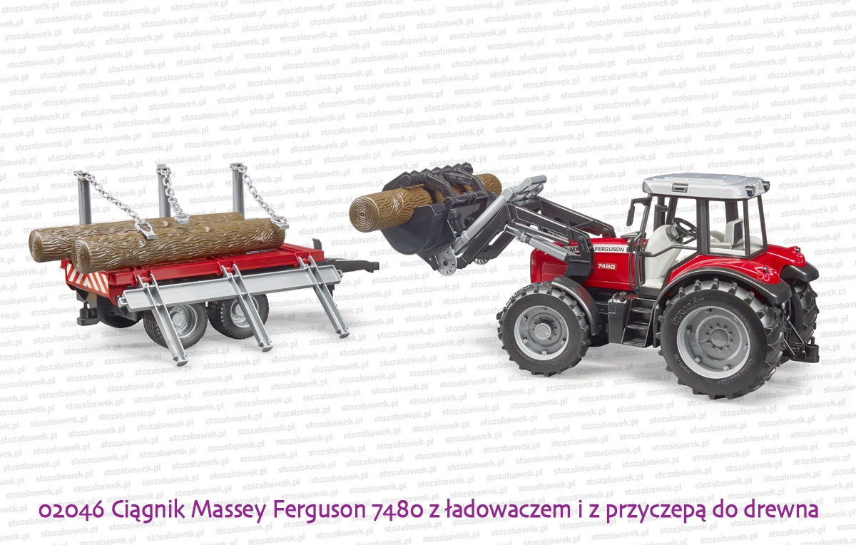 02046 BRUDER Ciągnik rolniczy Massey Ferguson 7480 z ładowaczem i przyczepą leśną