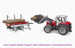 02046 BRUDER Ciągnik rolniczy Massey Ferguson 7480 z ładowaczem i przyczepą leśną