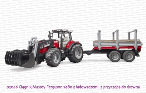 02046 BRUDER Ciągnik rolniczy Massey Ferguson 7480 z ładowaczem i przyczepą leśną
