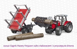 02046 BRUDER Ciągnik rolniczy Massey Ferguson 7480 z ładowaczem i przyczepą leśną
