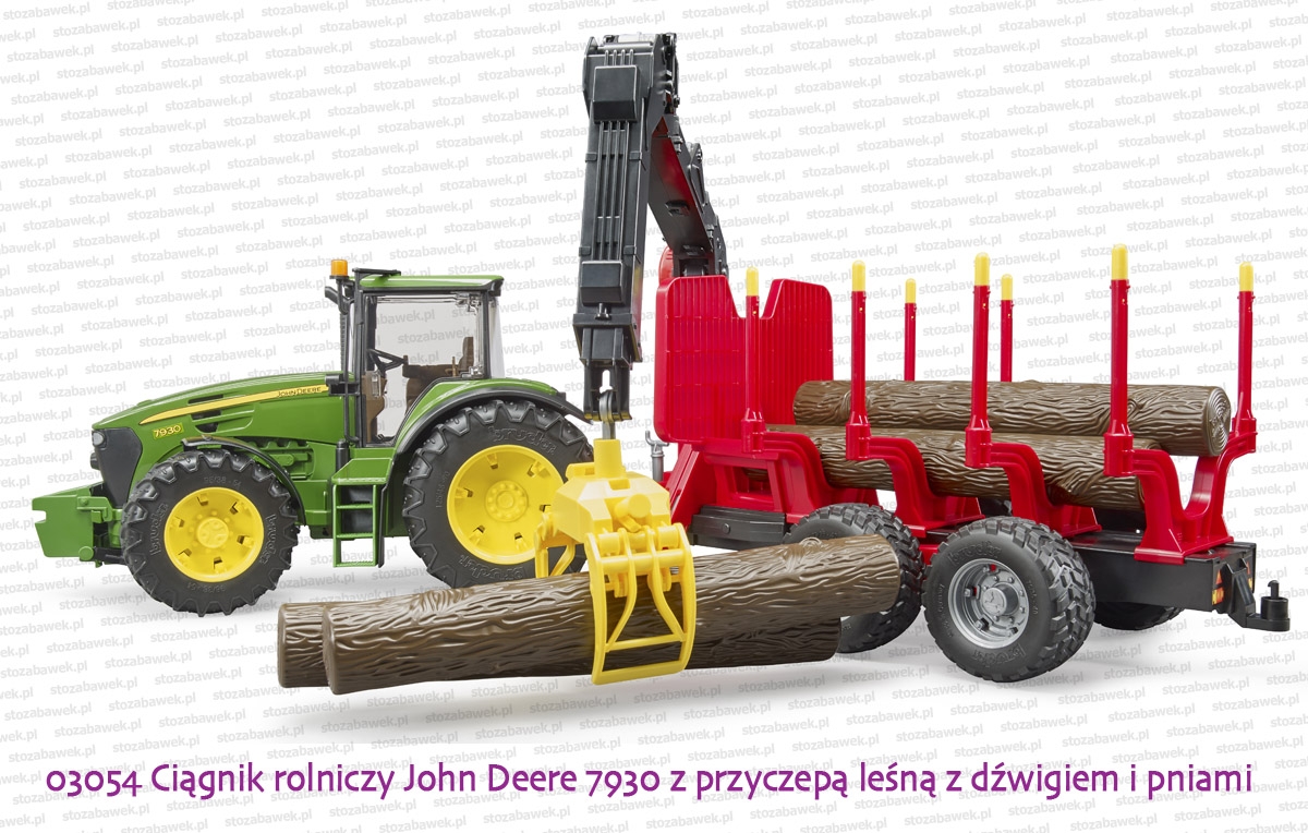03054 BRUDER Ciągnik rolniczy John Deere 7930 z przyczepą leśną z dźwigiem i  4 pniami drzew