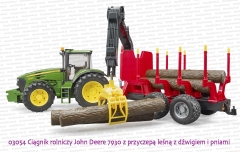 03054 BRUDER Ciągnik rolniczy John Deere 7930 z przyczepą leśną z dźwigiem i  4 pniami drzew