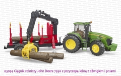 03054 BRUDER Ciągnik rolniczy John Deere 7930 z przyczepą leśną z dźwigiem i  4 pniami drzew