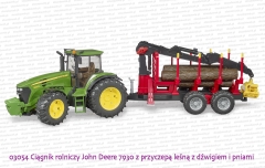 03054 BRUDER Ciągnik rolniczy John Deere 7930 z przyczepą leśną z dźwigiem i  4 pniami drzew