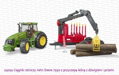 03054 BRUDER Ciągnik rolniczy John Deere 7930 z przyczepą leśną z dźwigiem i  4 pniami drzew