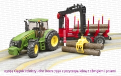 03054 BRUDER Ciągnik rolniczy John Deere 7930 z przyczepą leśną z dźwigiem i  4 pniami drzew