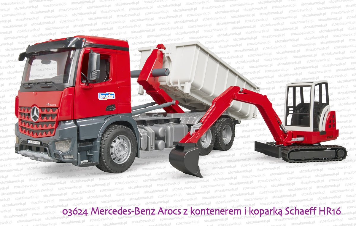 03624 BRUDER Mercedes-Benz Arocs z zsuwanym kontenerem i koparką gąsienicową Schaeff HR16