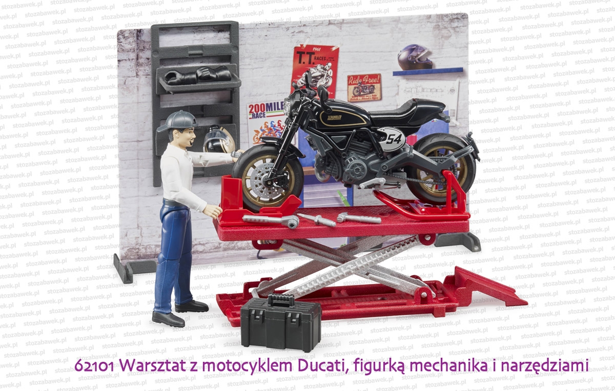 62101 BRUDER Warsztat motocyklowy z motocyklem Ducati Scrambler Cafe Racer, mechanikiem i narzędziami
