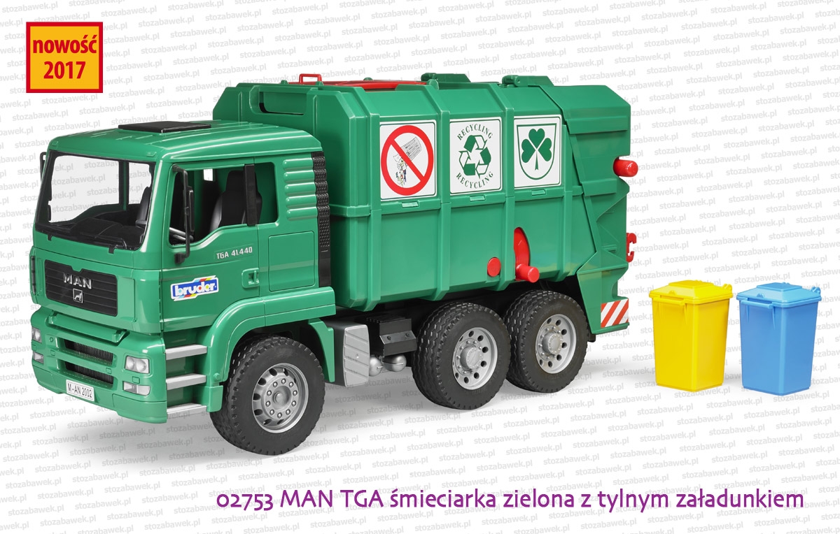 02753 BRUDER MAN TGA śmieciarka zielona z tylnym załadunkiem