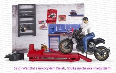 62101 BRUDER Warsztat motocyklowy z motocyklem Ducati Scrambler Cafe Racer, mechanikiem i narzędziami