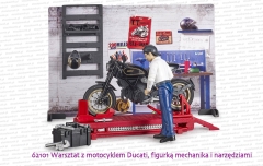 62101 BRUDER Warsztat motocyklowy z motocyklem Ducati Scrambler Cafe Racer, mechanikiem i narzędziami