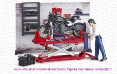 62101 BRUDER Warsztat motocyklowy z motocyklem Ducati Scrambler Cafe Racer, mechanikiem i narzędziami