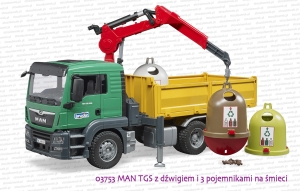 03753 BRUDER MAN TGS skrzyniowy z dźwigiem i pojemnikami na śmieci i butelkami