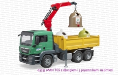 03753 BRUDER MAN TGS skrzyniowy z dźwigiem i trzema pojemnikami na śmieci
