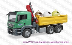 03753 BRUDER MAN TGS skrzyniowy z dźwigiem i trzema pojemnikami na śmieci