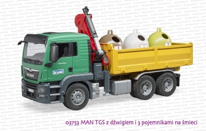 03753 BRUDER MAN TGS skrzyniowy z dźwigiem i trzema pojemnikami na śmieci