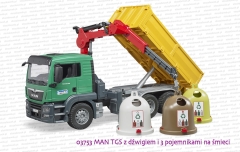 03753 BRUDER MAN TGS skrzyniowy z dźwigiem i trzema pojemnikami na śmieci