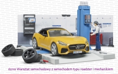 62110 BRUDER Warsztat samochodowy z samochodem typu roadster i mechanikiem