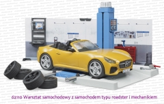 62110 BRUDER Warsztat samochodowy z samochodem typu roadster i mechanikiem