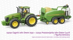 03050 Ciągnik rolniczy John Deere 7930 i 02032 Prasoowijarka John Deere C441R oraz figurka kierowcy w stroju John Deere z zestawu 02490.