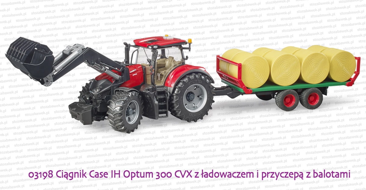 03198 BRUDER Ciągnik rolniczy Case IH Optum 300 CVX z przyczepą i balotami