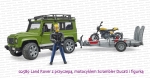 02589 BRUDER Land Rover Defender z przyczepą z motocyklem Ducati i figurką