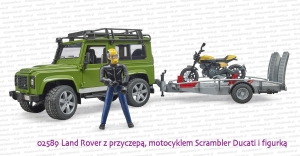 02589 BRUDER Land Rover Defender z przyczepą z motocyklem Scrambler Ducati Full Throttle i figurką kierowcy